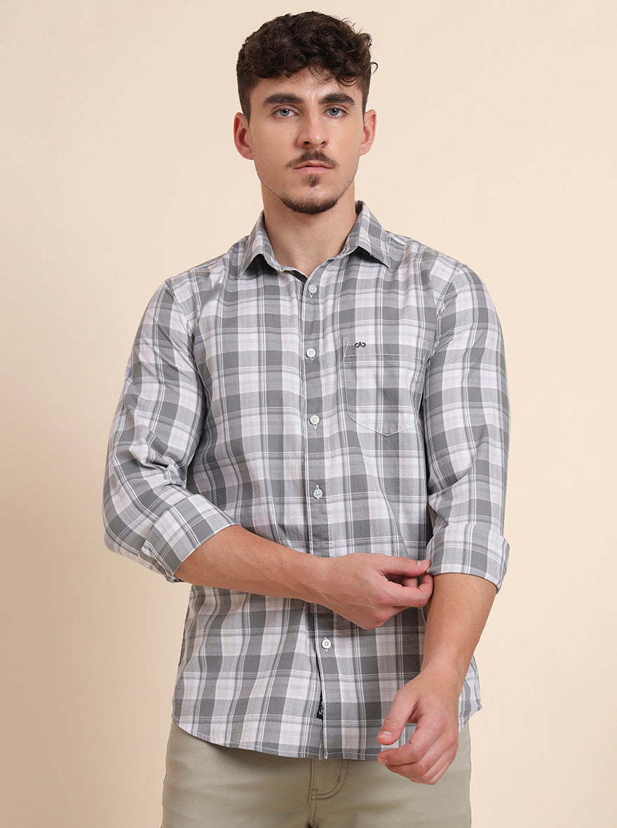 Grey Checked Slim Fit Casual Shirt | JadeBlue