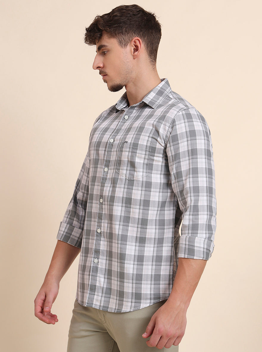 Grey Checked Slim Fit Casual Shirt | JadeBlue