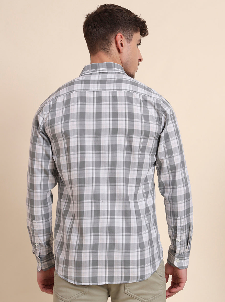 Grey Checked Slim Fit Casual Shirt | JadeBlue