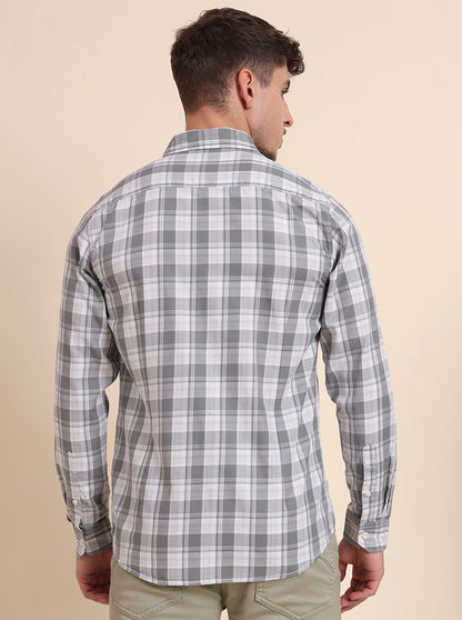 Grey Checked Slim Fit Casual Shirt | JadeBlue