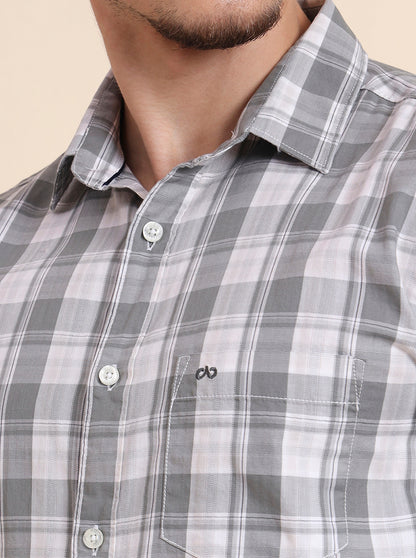 Grey Checked Slim Fit Casual Shirt | JadeBlue