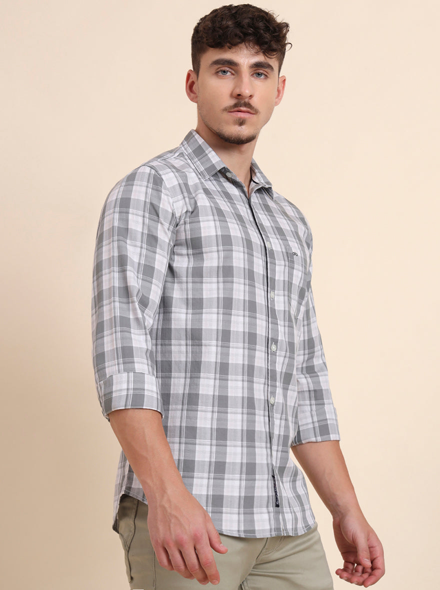 Grey Checked Slim Fit Casual Shirt | JadeBlue