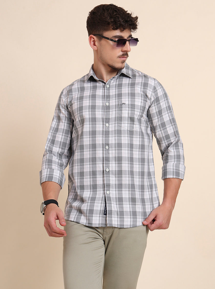 Grey Checked Slim Fit Casual Shirt | JadeBlue