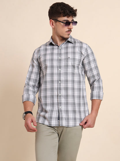 Grey Checked Slim Fit Casual Shirt | JadeBlue