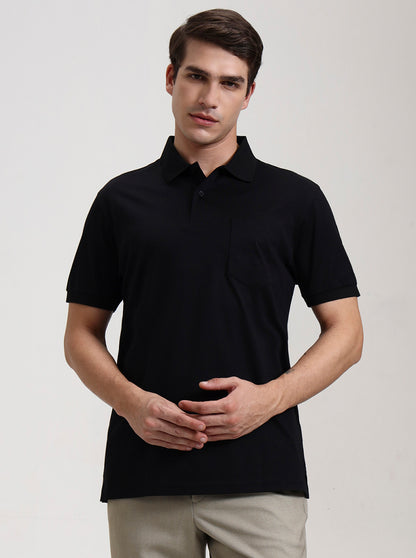 Black Solid Regular Fit Polo T-Shirt | JadeBlue