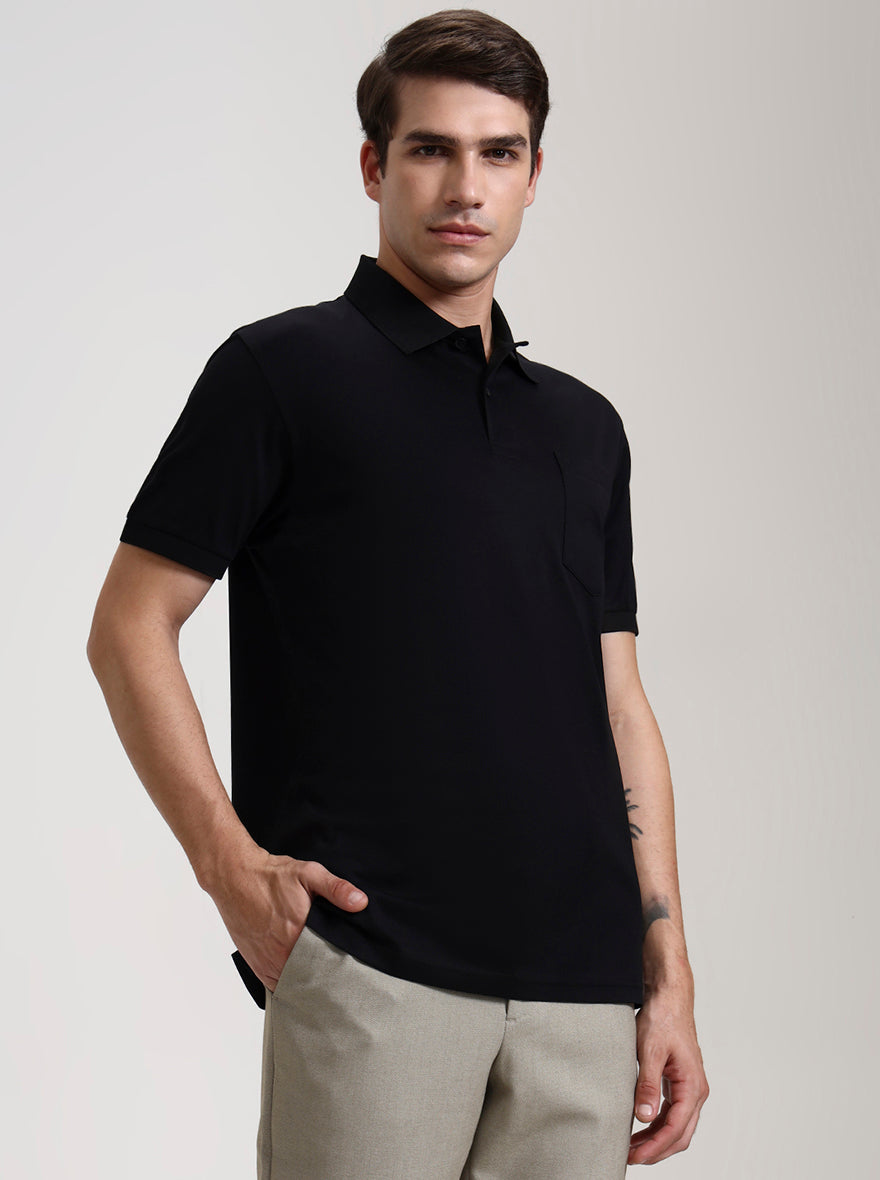 Black Solid Regular Fit Polo T-Shirt | JadeBlue