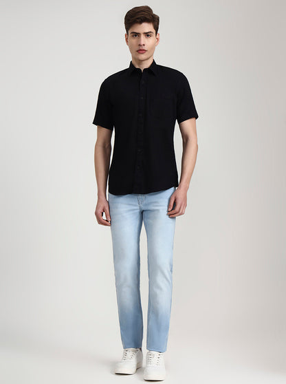 Black Solid Tailored Fit Semi Casual Shirt | JadeBlue