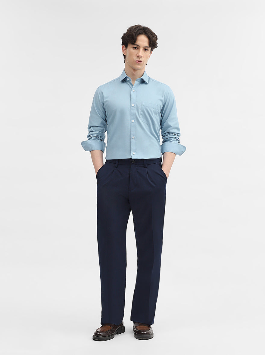 Blue Solid Slim Fit Semi Casual Shirt | JadeBlue