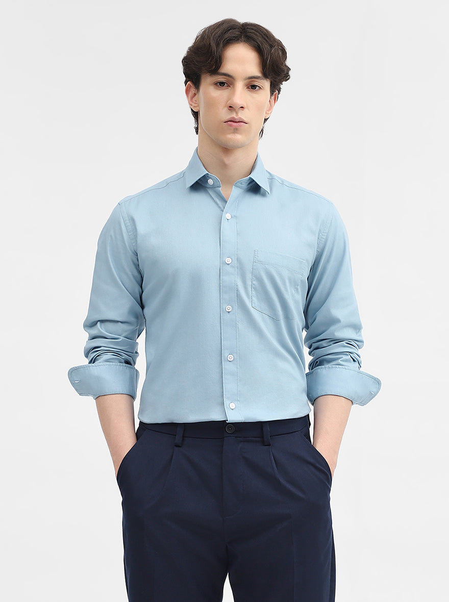 Blue Solid Slim Fit Semi Casual Shirt | JadeBlue
