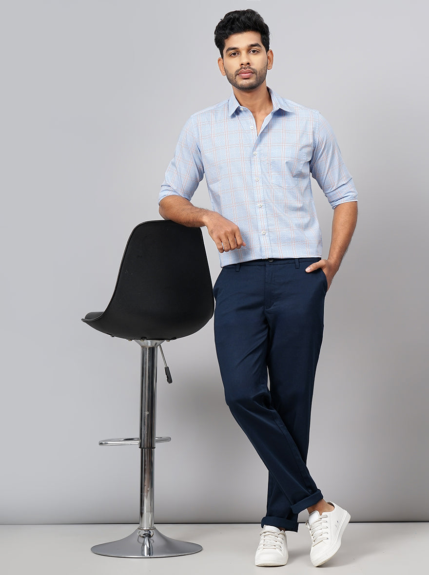 Light Blue Checked Smart Fit Semi Casual Shirt | Greenfibre