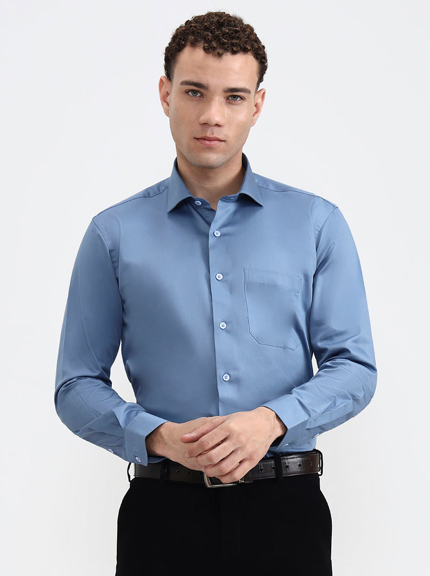 Blue Solid Slim Fit Formal Shirt | Metal