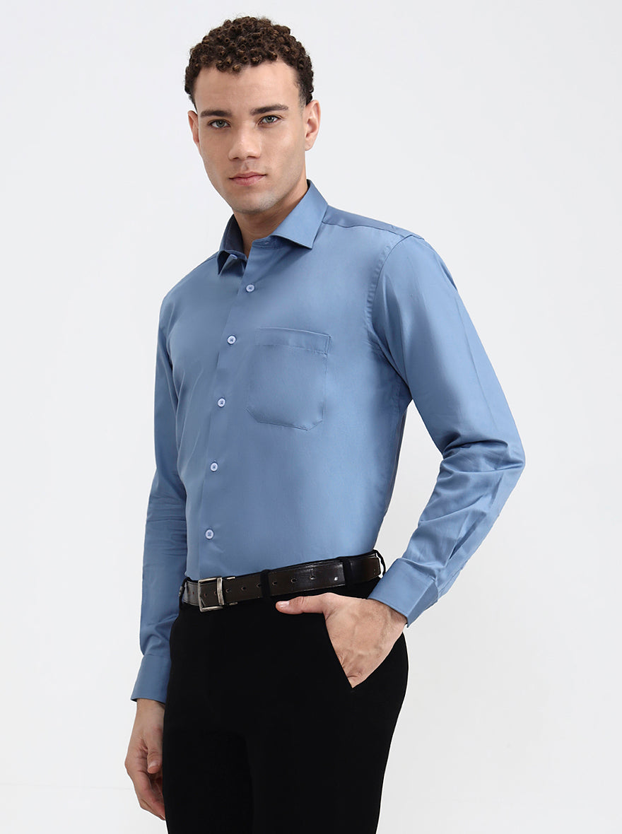Blue Solid Slim Fit Formal Shirt | Metal