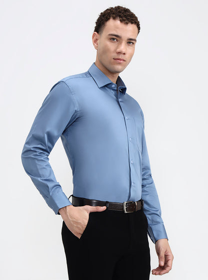 Blue Solid Slim Fit Formal Shirt | Metal