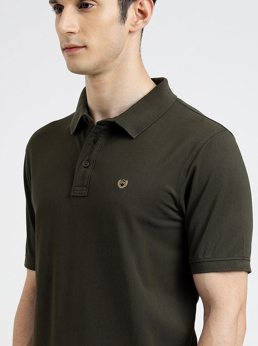 Olive Green Solid Slim Fit Polo T-Shirt | JadeBlue