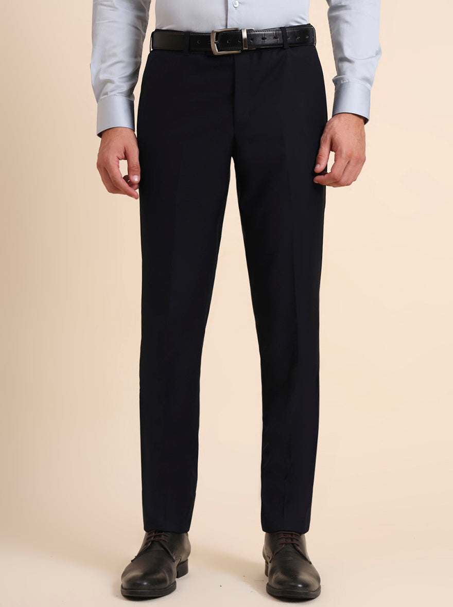 Navy Blue Solid Slim Fit Formal Trouser | Metal