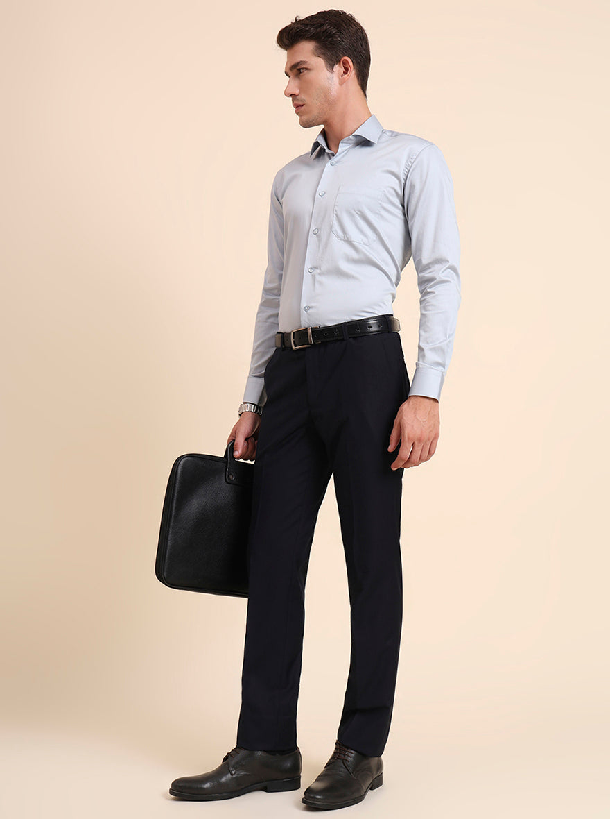 Navy Blue Solid Slim Fit Formal Trouser | Metal