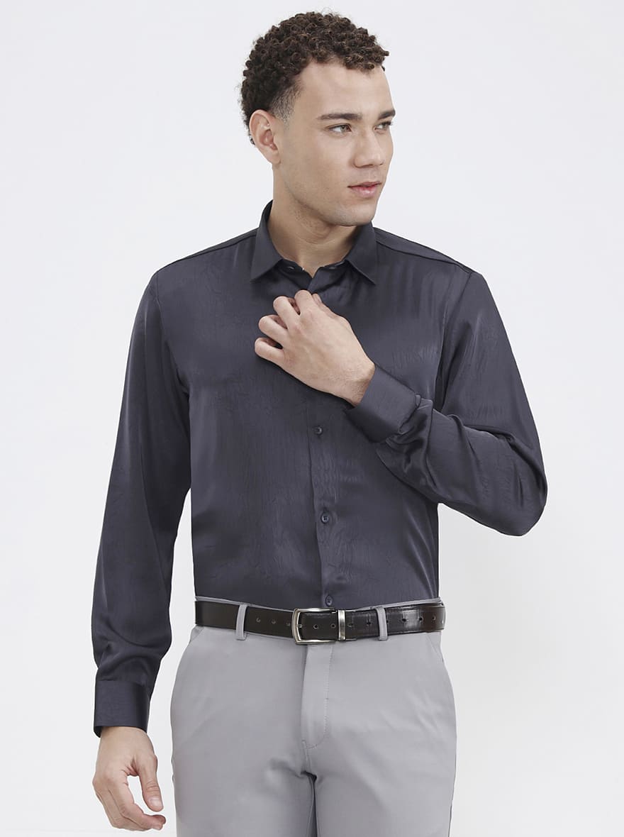 Dark Grey Printed Regular Fit Party Wear Shirt | Wyre