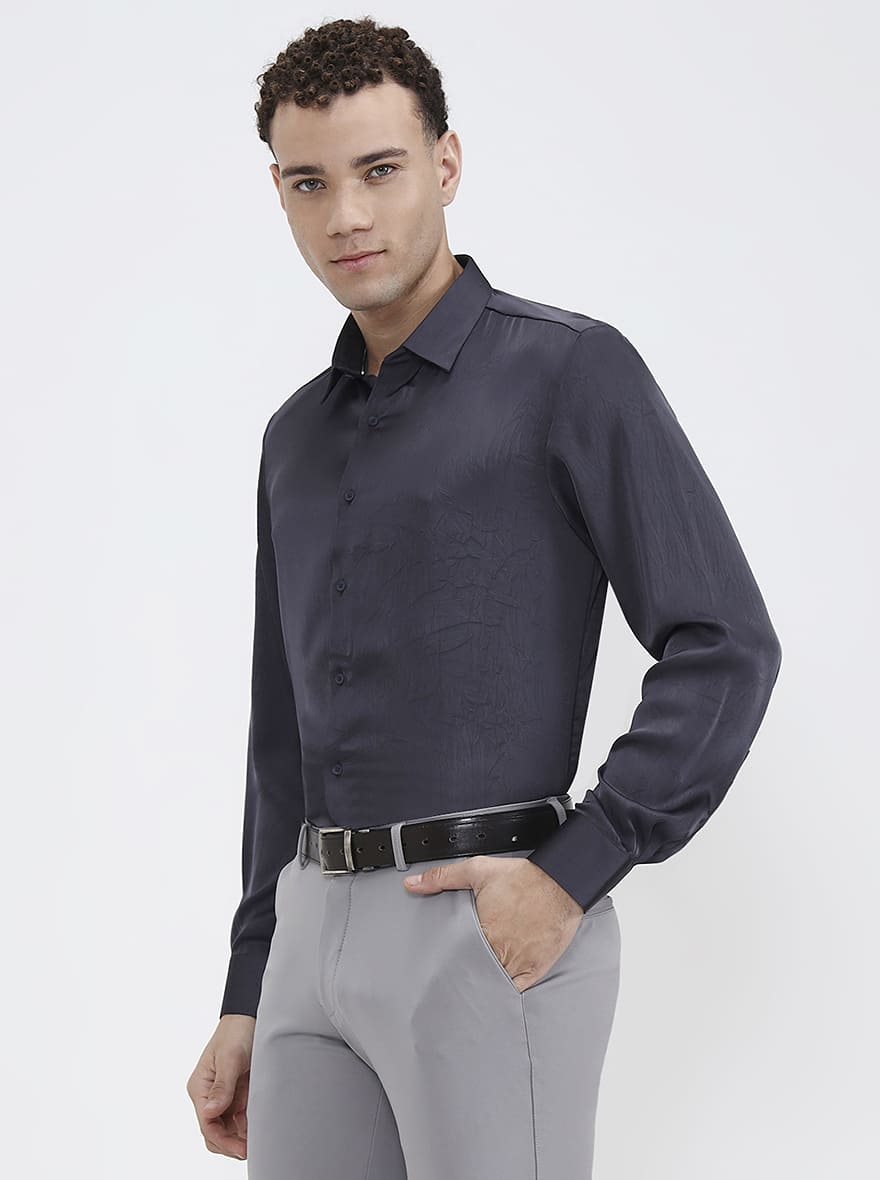 Dark Grey Printed Regular Fit Party Wear Shirt | Wyre