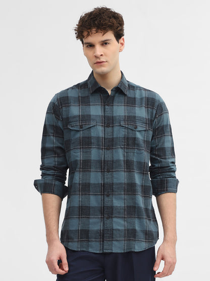 Teal & Blue Checked Slim Fit Casual Shirt | JadeBlue