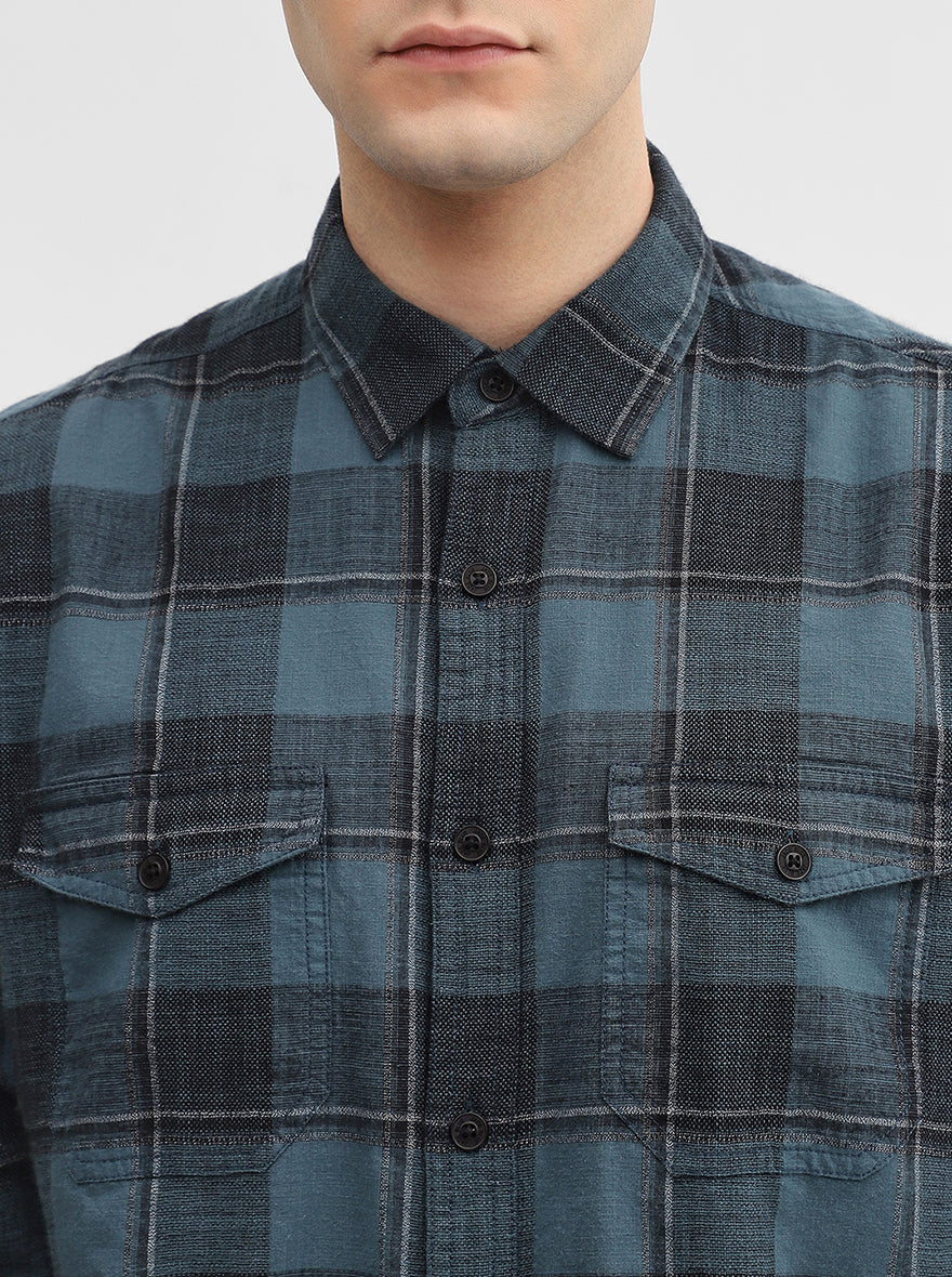 Teal & Blue Checked Slim Fit Casual Shirt | JadeBlue