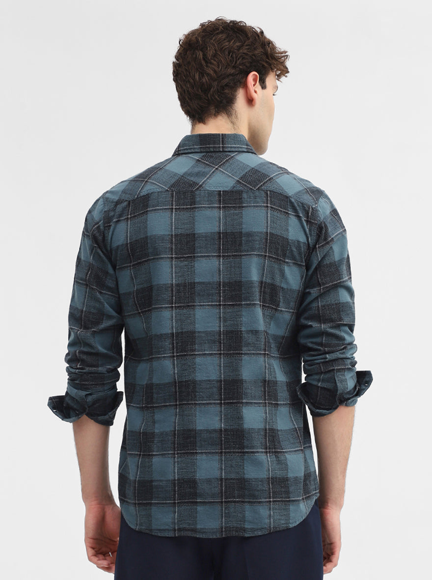 Teal & Blue Checked Slim Fit Casual Shirt | JadeBlue