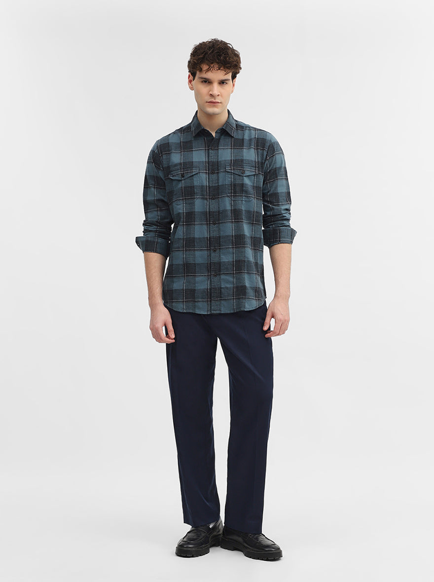 Teal & Blue Checked Slim Fit Casual Shirt | JadeBlue