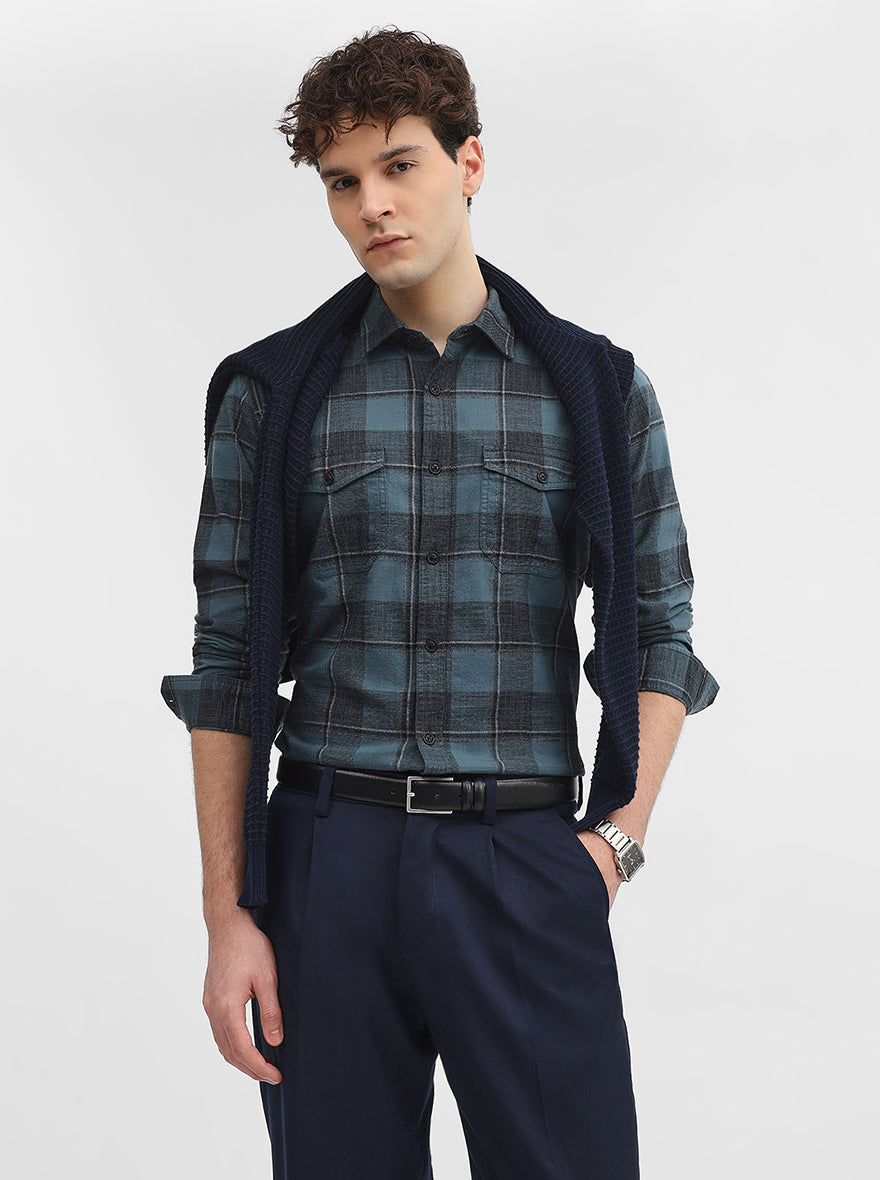 Teal & Blue Checked Slim Fit Casual Shirt | JadeBlue