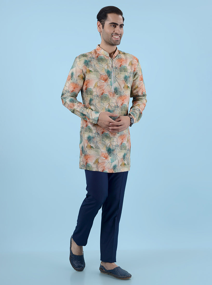 Beige Silk Designer Kurta For Men With Floral Print main image 1