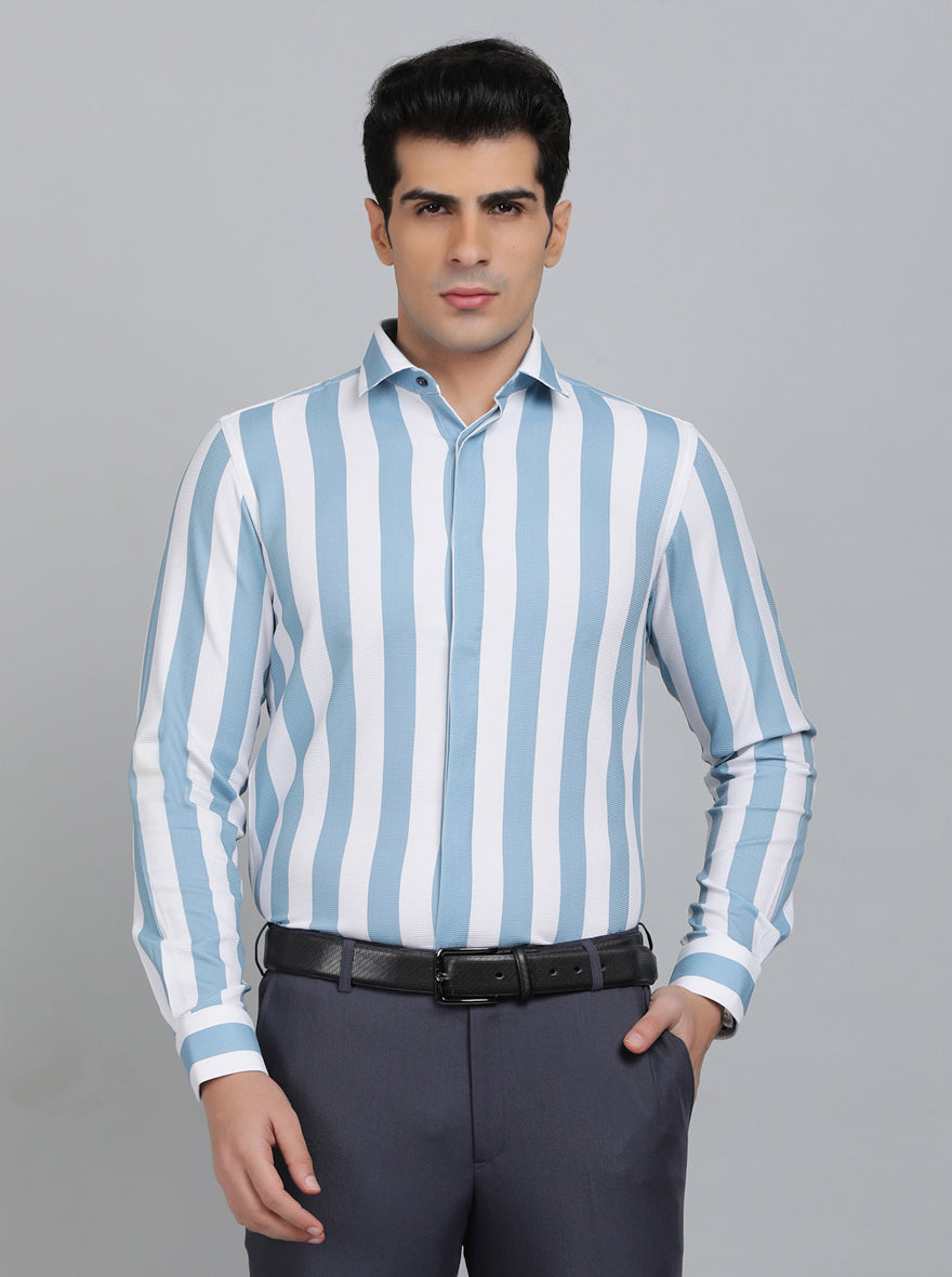Light Blue Striped Slim Fit Party Wear Shirt | Wyre