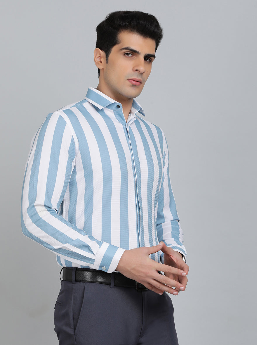 Light Blue Striped Slim Fit Party Wear Shirt | Wyre