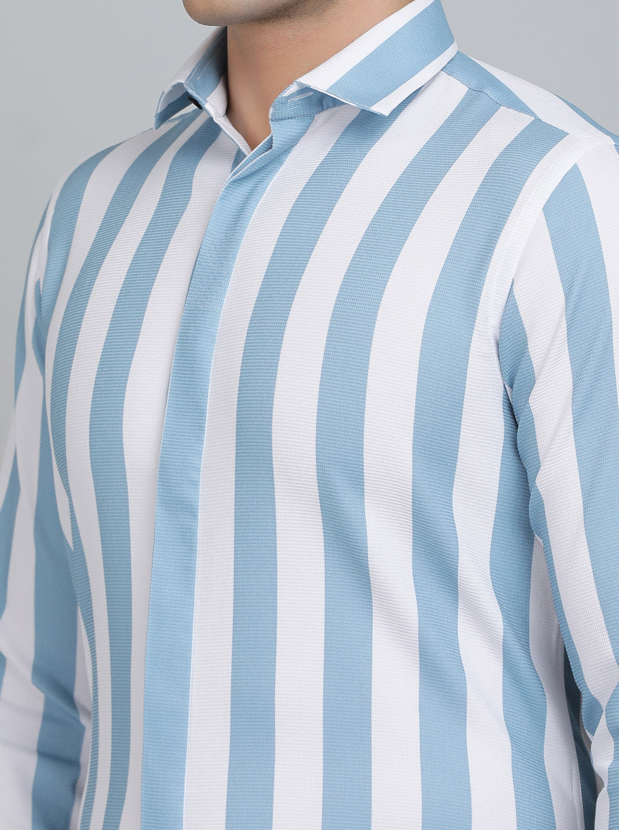 Light Blue Striped Slim Fit Party Wear Shirt | Wyre