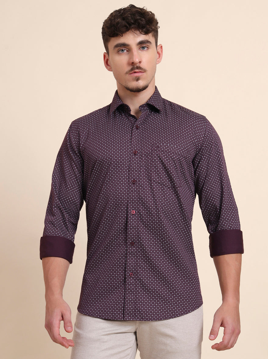 Purple Printed Tailored Fit Semi Casual Shirt | JadeBlue