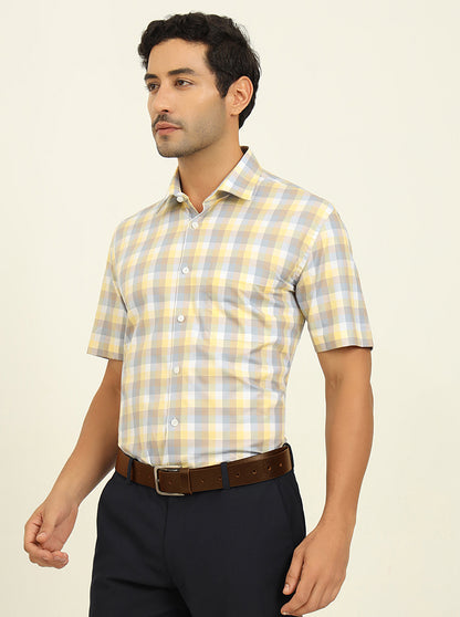 Lemon & Brown Checked Regular Fit Formal Shirt | JadeBlue