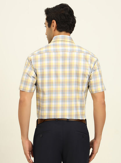 Lemon & Brown Checked Regular Fit Formal Shirt | JadeBlue