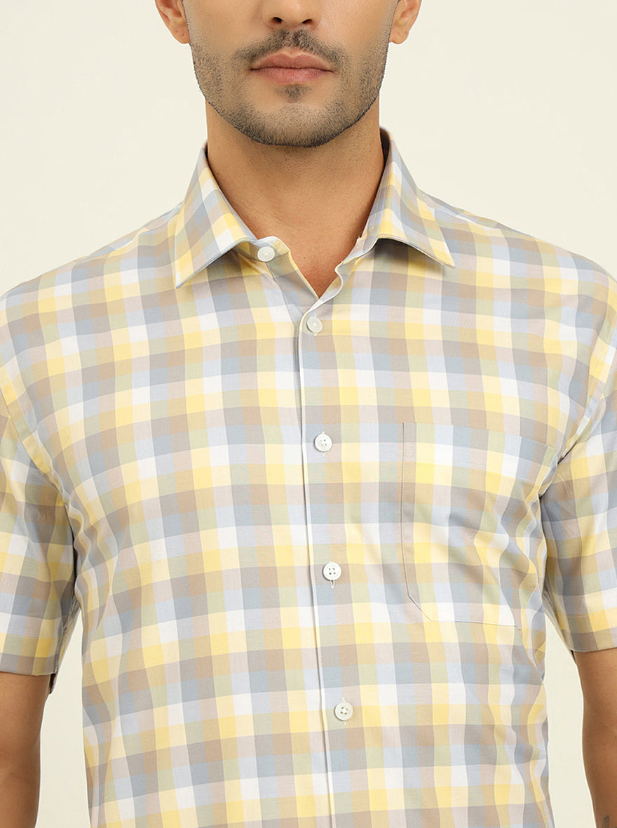 Lemon & Brown Checked Regular Fit Formal Shirt | JadeBlue