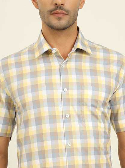 Lemon & Brown Checked Regular Fit Formal Shirt | JadeBlue