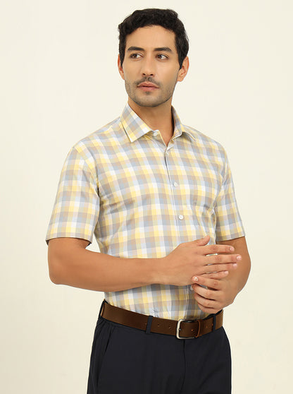 Lemon & Brown Checked Regular Fit Formal Shirt | JadeBlue