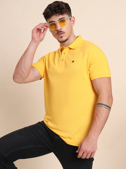Yellow Solid Slim Fit Polo T-Shirt | JadeBlue