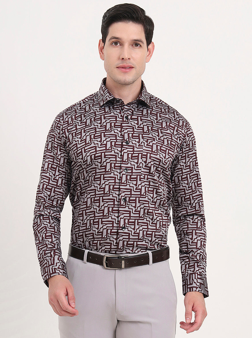 Maroon & Grey Printed Slim Fit Formal Shirt | Metal