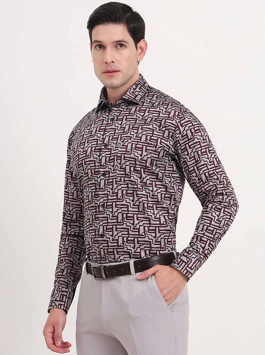 Maroon & Grey Printed Slim Fit Formal Shirt | Metal