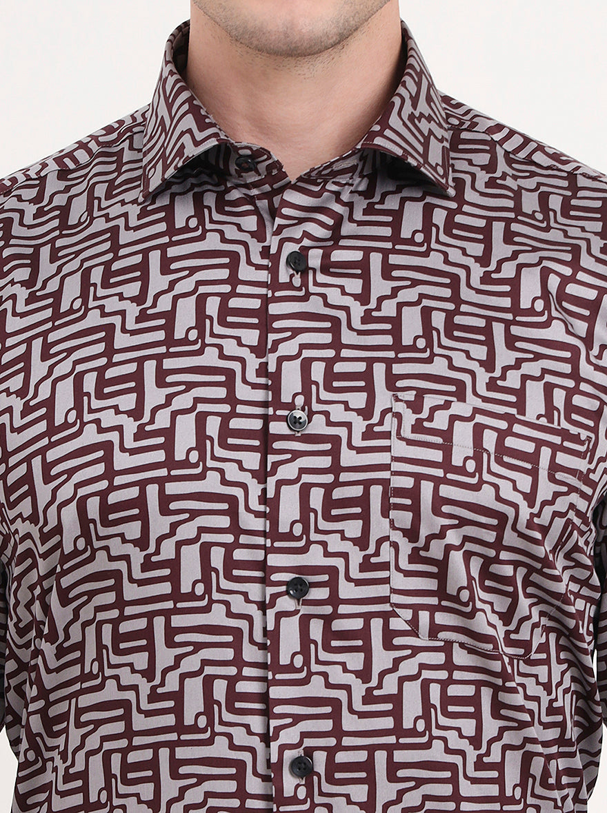 Maroon & Grey Printed Slim Fit Formal Shirt | Metal