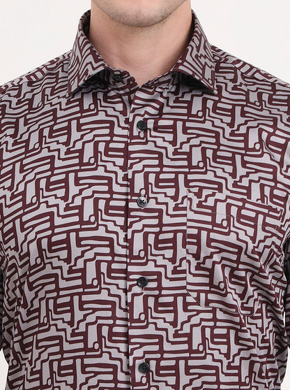 Maroon & Grey Printed Slim Fit Formal Shirt | Metal