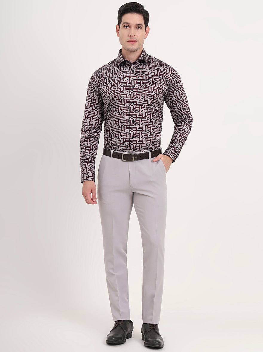Maroon & Grey Printed Slim Fit Formal Shirt | Metal