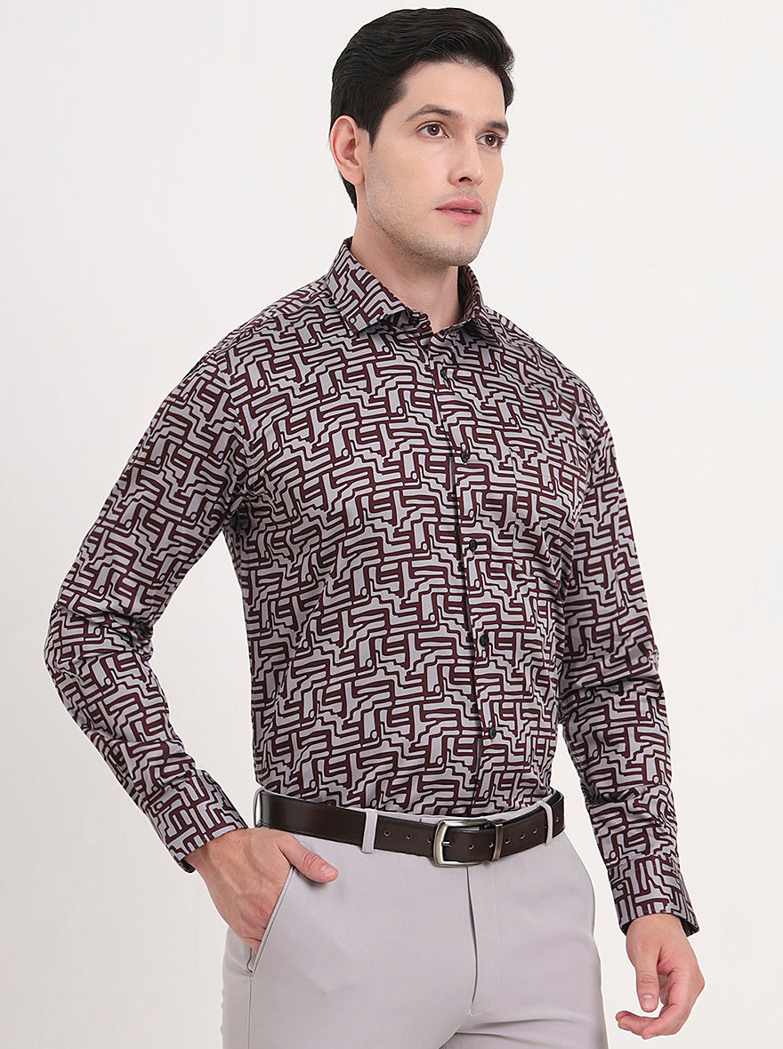 Maroon & Grey Printed Slim Fit Formal Shirt | Metal