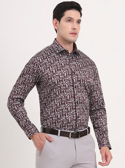 Maroon & Grey Printed Slim Fit Formal Shirt | Metal