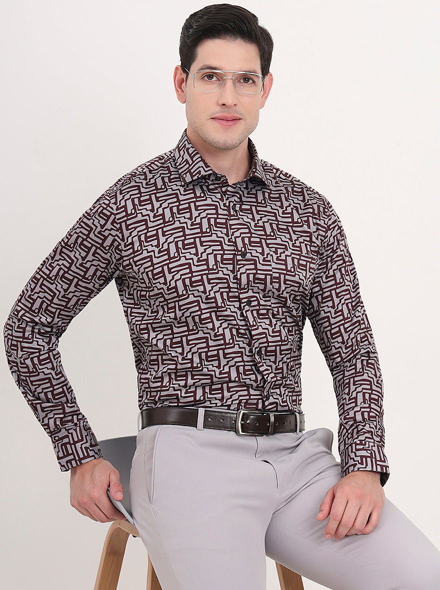 Maroon & Grey Printed Slim Fit Formal Shirt | Metal