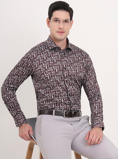 Maroon & Grey Printed Slim Fit Formal Shirt | Metal