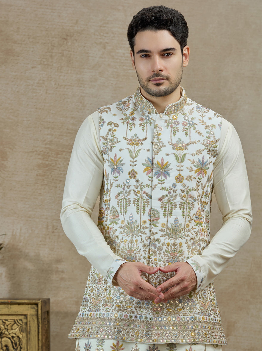 White & Green Embroidered Kurta Pajama with Koti | Virasana