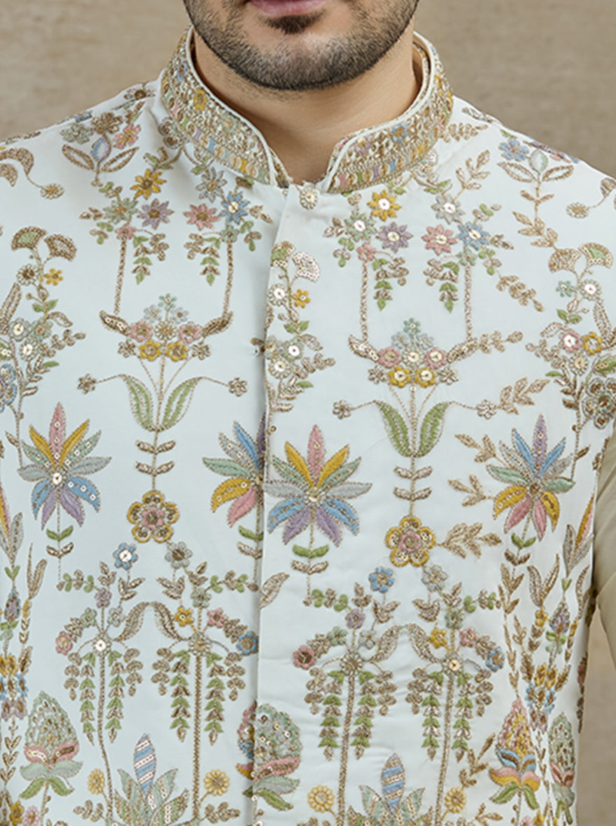 White & Green Embroidered Kurta Pajama with Koti | Virasana