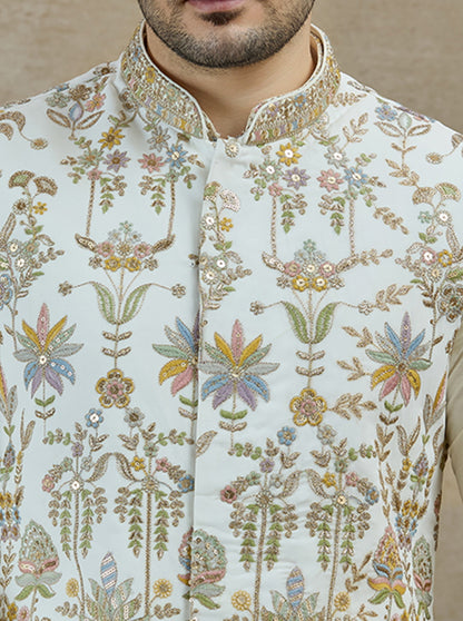 White & Green Embroidered Kurta Pajama with Koti | Virasana